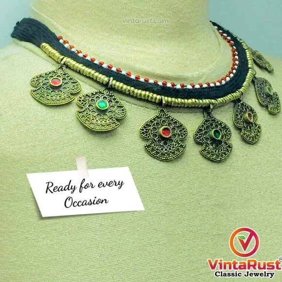 Ethnic Afghan Choker Necklace, Vintage Necklace With Multicolor Glass Stones - Picture 4 of 6